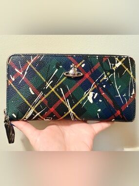 *Nice* Authentic Vivienne Westwood - Tartan Zip Wallet w/ Paint-Splatter
